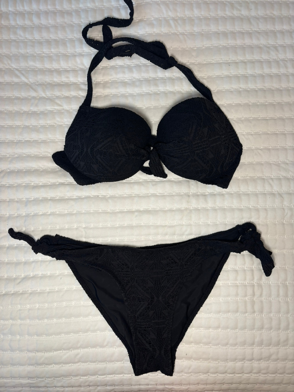 H&M Black Lace Bikini Set Halter Triangle Top Size 34B and 6